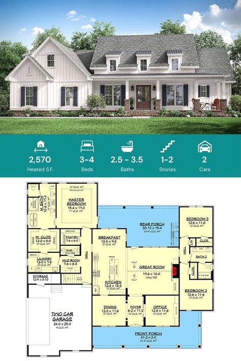 Plan Pavilion - 2,570 Sq Ft. 4-Bedroom 2-Story Modern Farmhouse. Explore the details: https://buff.ly/3U3Z1l2 | Facebook Four Bedroom Bungalow House Plans, Farmhouse Plans 4 Bedroom, Bungalow Farmhouse, Sims 4 House Plans, Dream Life House, Bungalow House Plans, Family House Plans, Luxury House Plans, Bungalow House