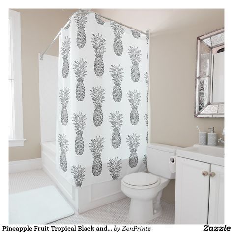 Pineapple Fruit Tropical Black and White Shower Curtain Pineapple Shower Curtain, Pineapple Illustration, Black And White Shower Curtain, White Pineapple, Pineapple Fruit, White Shower Curtain, White Shower, Black Curtains, Curtain Patterns