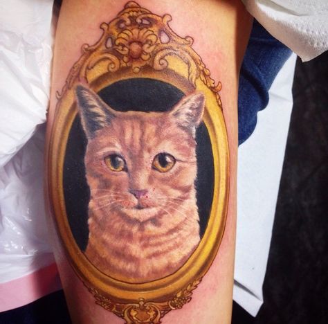 Cat portrait in frame tattoo. Gold Tattoo Ideas, Frame Tattoo, Cat Portrait Tattoos, Big Cats Photography, Framed Tattoo, Gold Tattoo, Popular Now, Realism Tattoo, Cat Photography