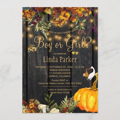 Rustic wood autumn fall baby shower gender reveal invitation Country Baby Shower, Fall Baby Shower Invites, Gender Reveal Party Invitations, Rustic Party, Invitation Flyer, Baby Gender Reveal Party, Country Boy, Baby Shower Flowers, Invitation Kits