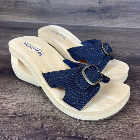 Skechers Somethin Else Spinner Platform Wedge Denim Strap Sandals Womens Size 11 2000s Shoes, Skechers Sandals, Jeans Y2k, Platform Wedge, Skechers Shoes, Fit Ideas, Platform Wedges, Strap Sandals, Platform Sandals