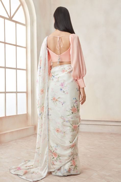 Buy LASHKARAA White Satin Georgette Floral Printed Saree With Plain Blouse Set Online | Aza Fashions White Satin Blouse, Embellished Saree, Saree Jackets, Designer Sarees Wedding, Wedding Lehenga Designs, Lehenga Designs Simple, Traditional Blouse Designs, Fancy Sarees Party Wear, Indian Saree Blouse