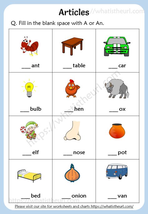 Articles Worksheets for Grade 1 (a / an) - Your Home Teacher Articles Worksheets For Grade 1, A An Worksheet, Articles Worksheet, Worksheets For Grade 1, Free Printable Alphabet Worksheets, Worksheets For Class 1, English Grammar For Kids, Reading Comprehension Kindergarten, English Worksheets For Kindergarten