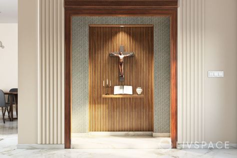 Livspace Brings You Glorious Altar Designs Mausoleum Altar Design, Alter For Home, Altar Design Home Catholic, Altar Design Home, Modern Altar, Alter Design, Home Altar Catholic, Bedroom Inspirations Minimalist, Wooden Panelling