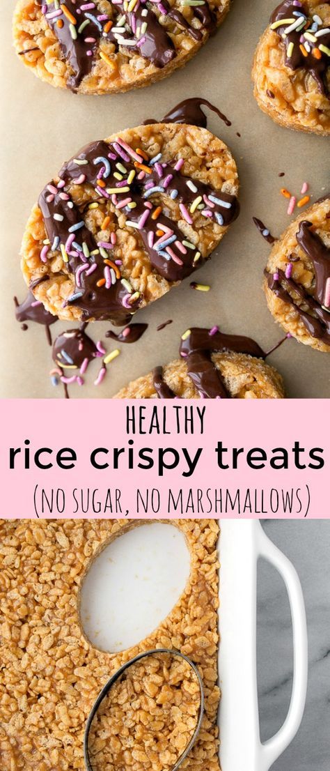 Healthy rice krispies treats, made without marshmallows or sugar. Naturally sweetened with brown rice syrup (or maple syrup) and peanut butter. Better for you candy, healthy Easter treats for kids, sugar free kid snacks via @dessertfortwo Sugar Free Kids Snacks, Easter Treats For Kids, Healthy Rice Krispie Treats, Healthy Easter Dessert, Healthy Easter Treats, Sugar Free Kids, Desserts Easter, Naturally Sweetened Desserts, Easter Rice Krispie Treats