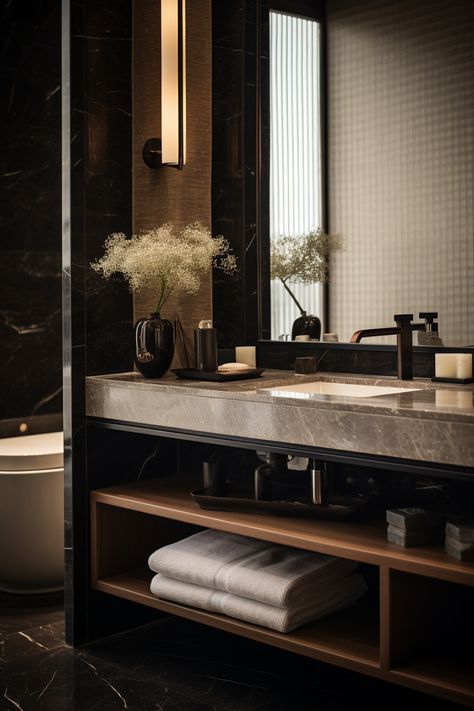 Classical Bathroom Design Luxury, Moody Luxury Bathroom, Masculine Bathrooms, High End Bathroom Design Luxury, Hotel Bathroom Design Luxury, Modern Masculine Bathroom, Dark Bathroom Design, Hotel Washroom, Masculine Bathroom Design