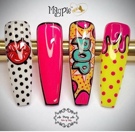 Nail Design Pop Art, Pop Up Nail Art, Pop Art Gel Nails, Uñas Comic Pop, Comic Style Nail Art, Pop Art Nail Tutorial, Pop Art En Uñas, Uñas Pop Art, Nail Pop Art