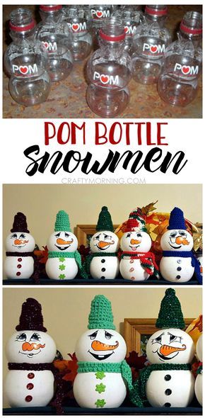 Use an empty pomegranate bottle to make little snowmen crafts! Great upcycle project for winter/Christmas. Snowman Christmas Crafts, Bottle Snowman, Snowmen Crafts, Upcycled Gifts, Christmas Props, Christmas Crafts For Kids To Make, Merry Bright Christmas, Pom Pom Crafts, Upcycle Decor