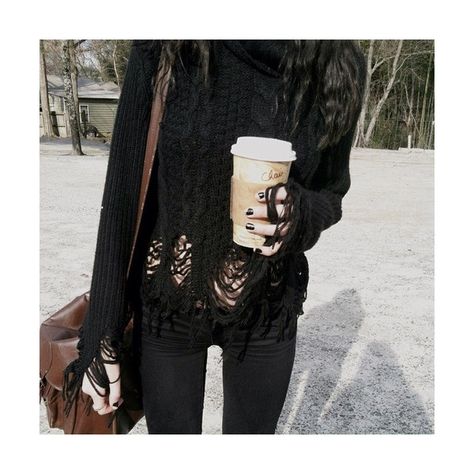 Tumblr ❤ liked on Polyvore featuring pictures, icons and photos Ripped Shirts, Aesthetic Sweaters, Black Knit Sweater, Urban Dresses, Grunge Goth, All Black Outfit, Urban Wear, Grunge Style