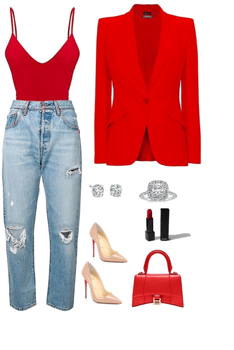 Cropped Blazer Jeans Outfit, Red Brunch Outfit, Red Blazer And Jeans Outfit, Red Jeans Outfit Winter, Red Blazer Outfit Night, Red Body Suit Outfit, Red Bodysuit Outfit Jeans, Red Blazer Outfit Classy, Red Pumps Outfit