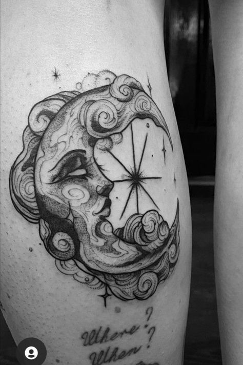 Funny Armpit Tattoo, Feminine Moon Face Tattoo, Moon On Elbow Tattoo, Peter Pan Ship Tattoo, Neotraditional Moon Tattoo, Celestial Leg Sleeve Tattoo, Thigh Moon Tattoo, Celestial Half Sleeve Tattoo, Hipster Tattoos Women