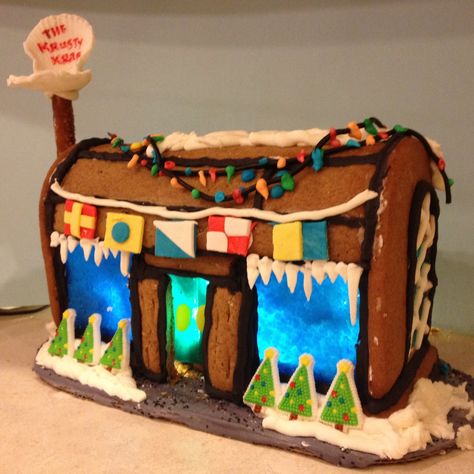 A SpongeBob theme this year-gingerbread houses. Krusty Krab Gingerbread House, Theme Gingerbread House Ideas, Gingerbread Houses Unique, Awesome Gingerbread Houses, Ginger Bread House Inspo Easy, Gingerbread House Themes Funny, Gingerbread House Ideas Unique, Cool Ginger Bread Houses, Weird Gingerbread Houses