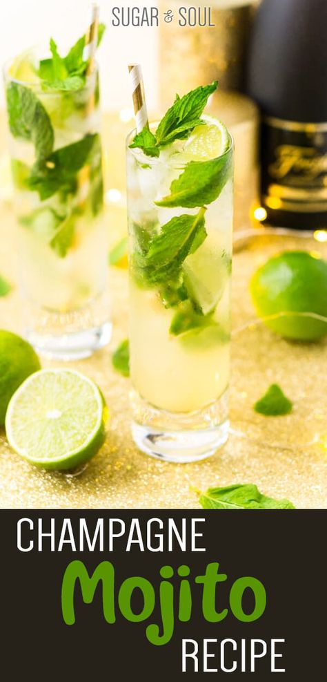 This Champagne Mojito Recipe is a bubbly twist on the classic cocktail making it perfect for parties and celebrations. Made with fresh limes, mint, simple syrup, rum, and champagne, everyone will love this zesty and refreshing cocktail! Champagne Summer Drinks, Champagne Drinks Recipes, Champagne Mojito, Summer Rum Cocktails, Mojito Recipe Classic, Champagne Recipe, Cocktail Champagne, Mint Cocktails, Easy Summer Cocktails