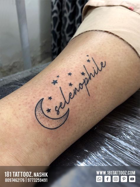 The word "Selenophile" clearly states the Love for Moon... Minimalist scripting tattoo with Moon and stars on ankle. For more such meaningful tattoos visit @181_tattooz_studio and Get your Tattoo Customized For more details visit our website www.181tattooz.com  Or contact us on 8097462176 / 9773259491 Unique Moon Tattoo, Tattoo With Moon, Moon Child Tattoo, Moon And Stars Tattoo, Moon Minimalist, Stars Tattoo, Star Words, Tattoos For Daughters, Star Tattoos