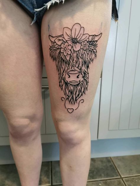 Hyland Cow Tattoo, Highlander Cow Tattoo, Fluffy Cow Tattoo, Cow Tattoos For Women, Highland Cow Tattoo, Scotland Tattoo, Calf Tattoos For Women, Colon Tattoo, Upper Thigh Tattoos