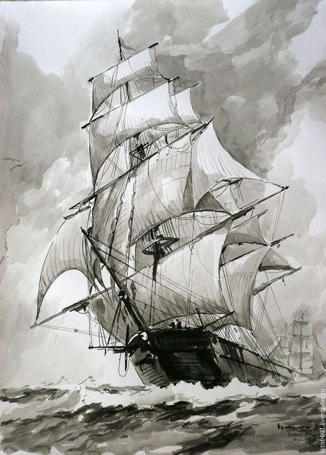 Pirate Ship Drawing, Montague Dawson, Pirate Ship Tattoos, Navi A Vela, Boat Drawing, Old Sailing Ships, Sailboat Art, Ship Tattoo, Ship Drawing