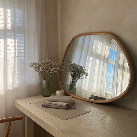 Irregular Mirrors, Trendy Desks, Wooden Wall Mirror, Content Space, Irregular Mirror, Corner Bookshelf, Sheer Linen Curtains, Chill Room, Modern Wall Mirror