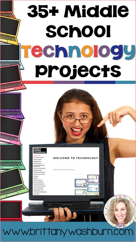 35+ Middle School Technology Projects for intermediate to advanced skill level. These projects and activities will save you so much time coming up with what to do during your computer lab time. Ideal for a technology teacher or media specialist. Technology Projects For Middle School, Computer Lessons For Middle School, Middle School Technology Projects, Middle School Technology Lessons, Middle School Technology, Technology Vocabulary, Coding Activities, Technology Teacher, Computer Applications