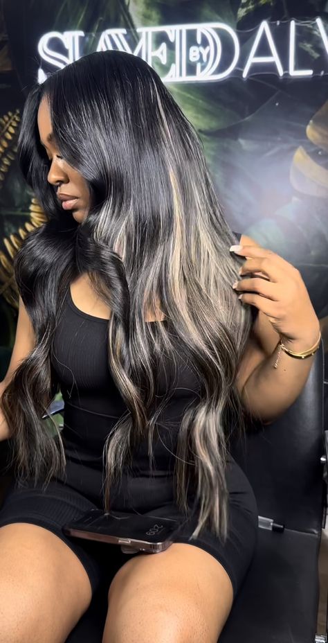 Highlights Leave Out, Black Sewin Blonde Highlights, Qw With Highlights, Side Part Sew In With Brown Highlights, Blonde Hair Highlights On Black Hair, Jet Black Wig With Highlights, Blonde And Black Ombre Hair, Black Hair With Highlights Sew In, Black Wigs With Brown Highlights