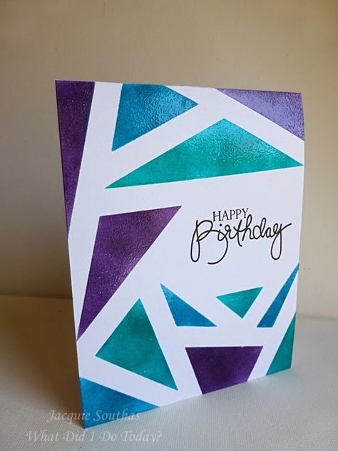 geometric inking technique Geometric Birthday Cards, Geometric Cards Handmade, Geometric Card Design, Birthday Poster Ideas, Geometric Cards, Triangle Patchwork, Patchwork Cards, Cardmaking Tutorials, Aesthetic Writing