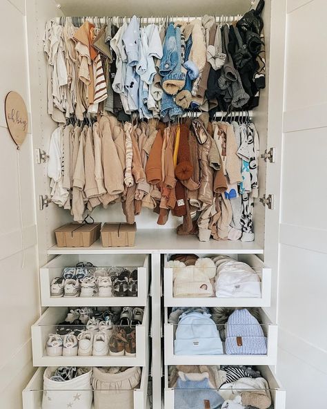 Ikea Pax Nursery Closet, Nursery With Wardrobe, Nursery Closet No Doors, Nursery Small Closet Organization, Ikea Pax Baby Closet, Nursery Wardrobe Organisation, Infant Closet Organization, Organize Baby Closet, Simple Baby Room Ideas