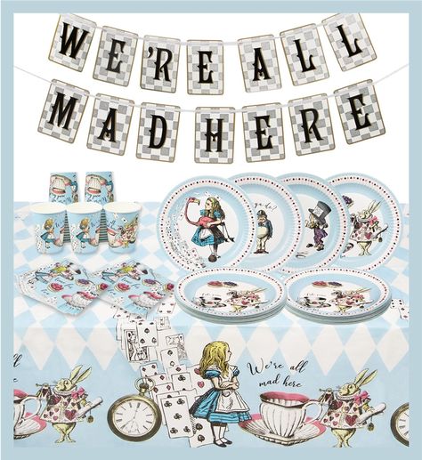 Amazon.com: Alice in Wonderland Party Decorations and Tableware for 16 Guests | Mad Hatter Bunting, Plates, Napkins, Cups, Table Cover for Birthday, Baby Shower : Toys & Games Alice In Wonderland Party Decorations, Baby Shower Afternoon Tea, Alice In Wonderland Cupcakes, Paper Tea Cups, Tea Party Supplies, Wonderland Party Decorations, Alice In Wonderland Cakes, Tea Party Setting, Mad Hatter Party