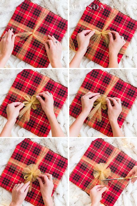 Learn how to tie a tulle bow for beautiful, easy gift wrapping! #giftwrap #howto #ribbon Tulle Gift Wrapping Ideas, Ribbon On Presents, Christmas Present Bow, Bows For Presents, Christmas Gift Ribbon, Easy Gift Wrapping, Package Bows, Gift Wrap Ideas, Wrap A Gift