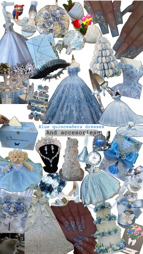 I want to have a blue quince so I did this for myself and for others that what a blue quince too Blue Quince Dress With Butterflies, Quince Teddy Bear Blue, Damas Dresses For Quince Blue, Quincenera Dresses White, Periwinkle Quince, Cinderella Quince Dress, Sweet 16 Blue Theme, Light Blue Quinceanera Theme, Baby Blue Quinceanera Theme