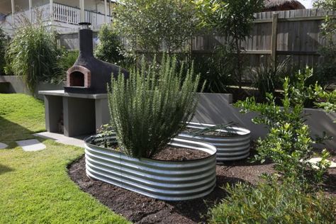 Herb and Vegetable Planters in corrugated galvanised iron Galvanised Planter Ideas, Galvanised Planter, Vegetable Garden Beds, Galvanized Planters, Raised Vegetable Gardens, Vegetable Planters, Moon Gate, Metal Raised Garden Beds, Backyard Dreams