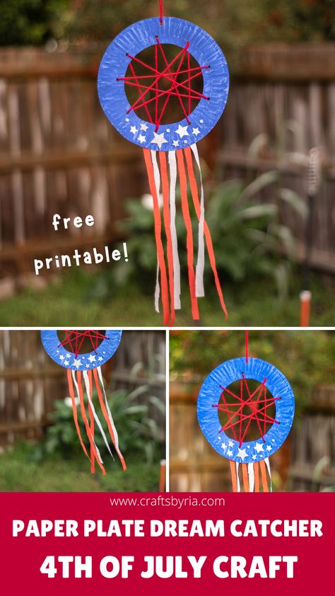 We have a 4th of July paper plate dream catcher craft perfect to introduce weaving to kids! This is a great patriotic craft idea to do with preschoolers, kindergarteners and elementary school kids. This woven paper plate dream catcher is made in red, blue, and white colors and is perfect for Flag Day, July 4th, and Memorial Day. #craftsbyria #fourthofjulycraft July 4 Crafts For Kindergarten, Fun Fourth Of July Crafts For Kids, 4th Of July Crafts For Elementary Kids, Party In The Usa Activities For Kids, Usa Themed Crafts, 4th Of July Arts And Crafts For Preschoolers, 4th Of July Activities For Teens, 4th Of July Crafts For Teens, July 4th Kids Crafts