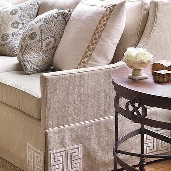 Patterned Sofas, Upholstery Details, Skirted Sofa, Greek Villa, Metal Lattice, Neutral Sofa, Coral Decor, Georgia Homes, Upholstery Ideas