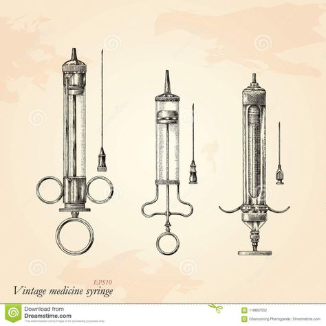 Antique Syringe, Syringe Tattoo, Syringe Drawing, Vintage Syringe, Medicine Illustration, Medical Drawings, Evil Doctor, Vintage Medicine, Vintage Medical