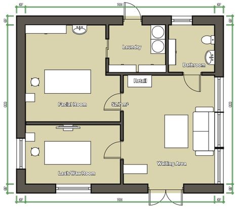 Spa Room Dimensions, Spa Floor Plan Small, Facial Room Layout Plan, Spa Studio Design, Salon Interior Design Facial Room, Small Spa Floor Plan, Esthetics Spa Floor Plan, Small Spa Design Ideas, Small Beauty Clinic Interior Design