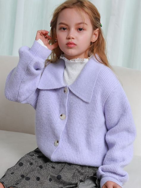 Lilac Purple Casual  Long Sleeve Acrylic Plain Cardigan Embellished Slight Stretch Spring/Fall Girls Clothing Plain Cardigan, Pastel Girl, Purple Cardigan, Rib Knit Cardigan, Girls Fall Outfits, Girls Cardigan, Bishop Sleeve, Oversized Cardigan