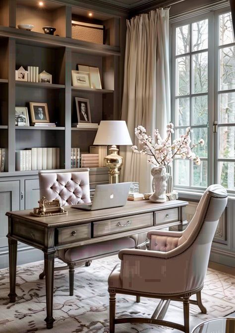 Creating the perfect workspace at home? 🖋️ Discover 34 of the best women's home office ideas to suit every style! From chic and modern setups to cozy and creative spaces, find inspiration to design an office that reflects your personality and boosts productivity. Explore these stylish and functional ideas now! #HomeOffice #OfficeDecor #WorkspaceInspiration #WomensStyle #InteriorDesign Feminine Professional Office, Transitional Office Design Inspiration, Women’s Office At Home, Shabby Chic Office Ideas Workspaces, Green Pink Office, Woman's Office Ideas, Feminine Office Design, Office Sitting Area Ideas, Home Office Built Ins With Desk For Two