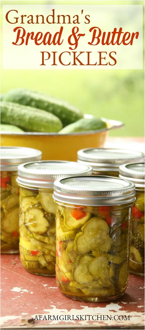 Bread and Butter Pickles are easy to make and have a wonderful sweet and tangy flavor. You’ll love Grandma’s Bread and Butter Pickle recipe! (Easy to make and no fancy canning equipment!)  #homemadepickles #pickles #breadandbutterpickles #Southernrecipes #grandmasrecipe #recipe Bread And Butter Pickle Recipe, Old Fashioned Bread, Bread N Butter Pickle Recipe, Bread And Butter Pickles, Crisp Bread, Butter Pickles, Canning Pickles, Home Canning Recipes, Canning Vegetables