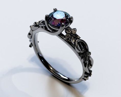 Black Gold Ring Alexandrite, Alexandrite Ring, Alexandrite Engagement Ring, Flower Ring, Gothic Flower Ring, Nature Lover Ring - Etsy Purple And Black Ring, Black Gold Engagement Rings, Engagement Ring Flower, Gothic Flowers, Black Gold Ring, Flower Engagement Ring, Alexandrite Engagement Ring, Ring Flower, Alexandrite Ring