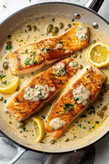 Creamy Salmon Piccata - MmmRecipes : Easy and Delicious Recipes Salmon Picatta Recipe, Tilapia Piccata Recipe, Salmon Piccata Recipe, Salmon Piccata, Piccata Sauce, Creamy Salmon, Piccata Recipe, Caper Sauce, Fish Dinner Recipes