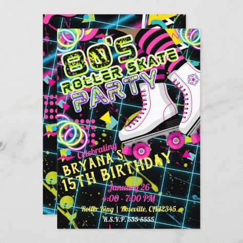 80's Retro Roller Skating Skate Birthday Party Invitation Retro Roller Skating, Skate Invitations, Roller Skate Birthday Party, Skate Birthday Party, Roller Skate Party, Roller Skate Birthday, 80s Birthday Parties, Skate Birthday, Skating Roller