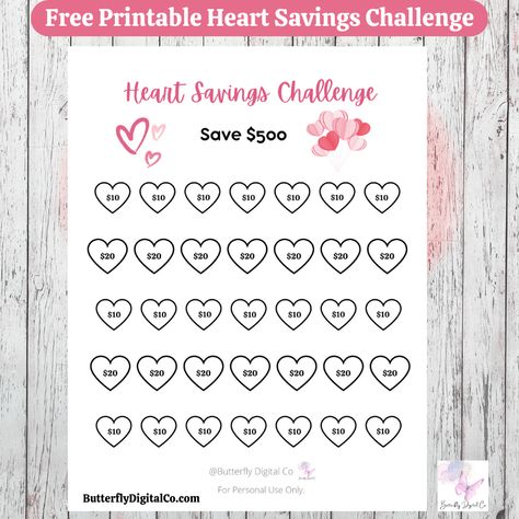 Free Printable Heart Savings Challenge - Butterfly Digital Co. Free Printables Saving Challenges, Savings Challenge Printable Free, Free Savings Challenge, Printable Meal Planner Monthly, Free Blank Calendar, Free Printable Monthly Planner, Saving Money Chart, Money Chart, Savings Challenge Printable