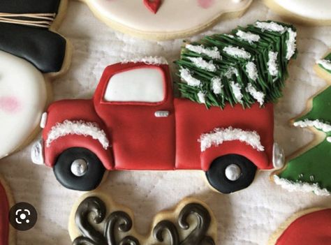 Truck With Christmas Tree, Car Cookies, Cute Christmas Cookies, Vintage Pickup, Sugar Cookie Royal Icing, Tree Cookies, Christmas Tree Cookies, Sugar Cookie Designs, Pretty Cookies