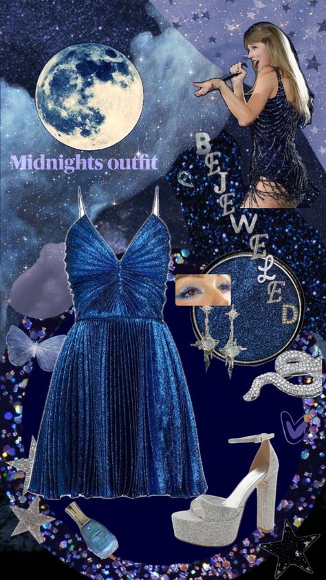 Taylor swift midnights concert outfit. Beautiful background by: justcallmemadelyn #taylorswift #bejeweled #midnights Midnights Taylor Swift Blue Dress, Midnights Ts Makeup, Taylor Swift Midnights Bejeweled, Midnights Bejeweled, Midnights Taylor Swift Outfit, Midnight Hair, Taylor Swift Midnights Collage Wallpaper, Midnight Song, Rain Outfit