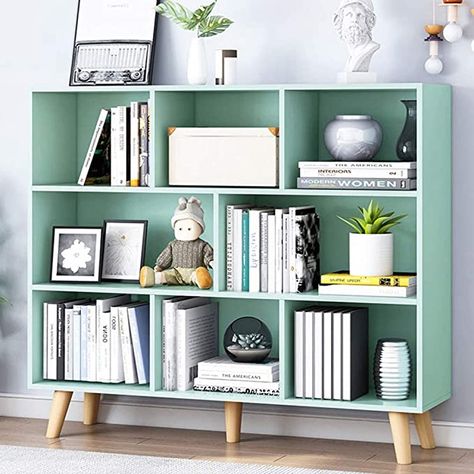 Amazon.com: IOTXY Wooden Open Shelf Bookcase - 3-Tier Floor Standing Display Cabinet Rack with Legs, 7 Cubes Bookshelf, Tiffany-Green : Home & Kitchen Open Shelf Bookcase, Contemporary Bookshelf, Standing Display, Tiffany Green, Low Bookcase, American Interior, Cube Bookcase, Modern Bookcase, Shelf Bookcase