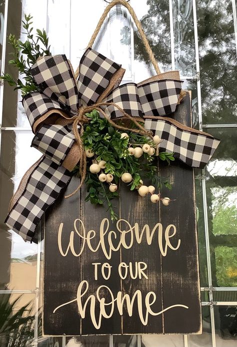 Welcome to Our Home Large Wooden Door Sign Door Hanger | Etsy Large Wooden Door, Wooden Door Sign, Wooden Wreath, Large Door, Farmhouse Door, Summer Deco, Door Signs Diy, Farmhouse Crafts, Wooden Door Signs