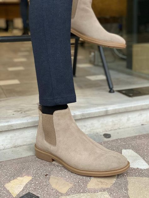 A fall-winter arrival here at HolloMen These beige Chelsea boots are crafted from 100% leather and have a rubber sole. These Chelsea boots fit true to size, therefore select your normal size, you can refer to our size conversion chart. ( Scroll Up) To clean, the shoe uses an eraser or a brush to wipe. When you buy the boots, a belt & socks gifts will be included in your package. Beige Chelsea Boots, Socks Gifts, Suede Chelsea Boots, Chelsea Boots Men, Leather Chelsea Boots, Boots For Sale, Boots Outfit, Light Beige, Boots Men