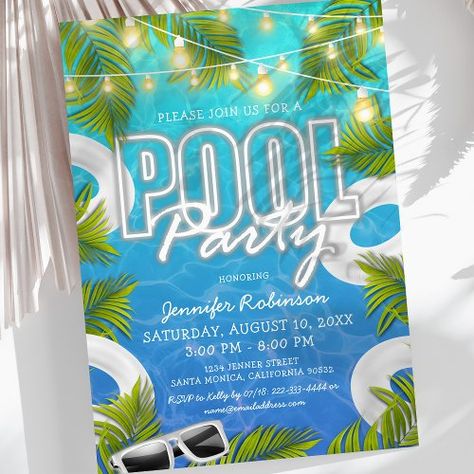 $1.65 | Adult White Pool Party Summer Birthday Invitation - white pool party, adult birthday party, adult pool party, beach party, palm leaves, string lights, birthday, summer, tropical party, all white pool party Pool Party Template, White Pool Party, Pool Party Adults, Pool Party Summer, Summer Birthday Invitations, White Pool, Pool Party Birthday Invitations, Twinkle String Lights, Modern Pool