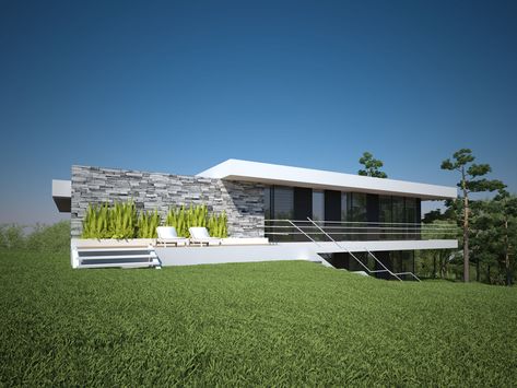 AGNĖ HOUSE ON SLOPE - ARCHLAB Houses On Slopes, House On Slope, Exclusive House Plan, Modern Villas, House Modern, Concrete House, Architecture Studio, Split Level, Architectural Design