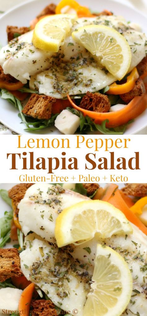 Lemon pepper tilapia salad recipe Tilapia Salad Recipes, Paleo Easy Lunch, Tilapia Salad, Lemon Pepper Tilapia, Paleo Easy, Keto Fish, Keto Salads, Paleo Recipe, Croutons Homemade