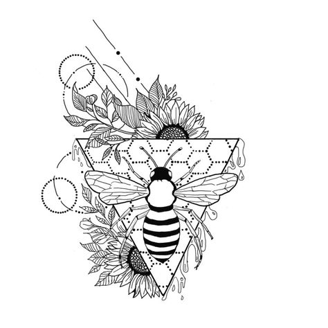 Sunflower And Bee Tattoo Black And White, Bee With Flowers Drawing, Honeycomb Tattoo Geometric, Geometric Bee Tattoo, Sunflower And Bee Tattoo, Flower And Bee Tattoo, Bee And Flower Tattoo, Tattoo Bee, Honey Bee Tattoo