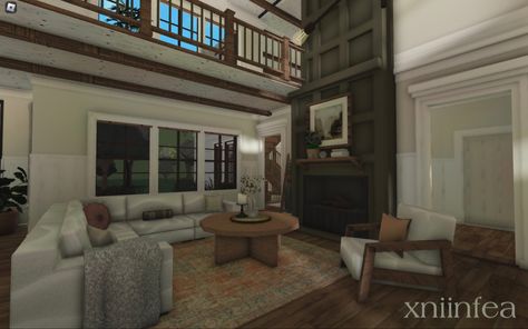 Cozy Family Bloxburg House, Brown Aesthetic House, Bloxburg Cabin Living Room, Bloxburg Winter Cabin Interior, Bloxburg Styles, Blocksburg Living Room Ideas Aesthetic, Bloc Burg Living Room, Bloxburg Architecture, Modern Suburban House